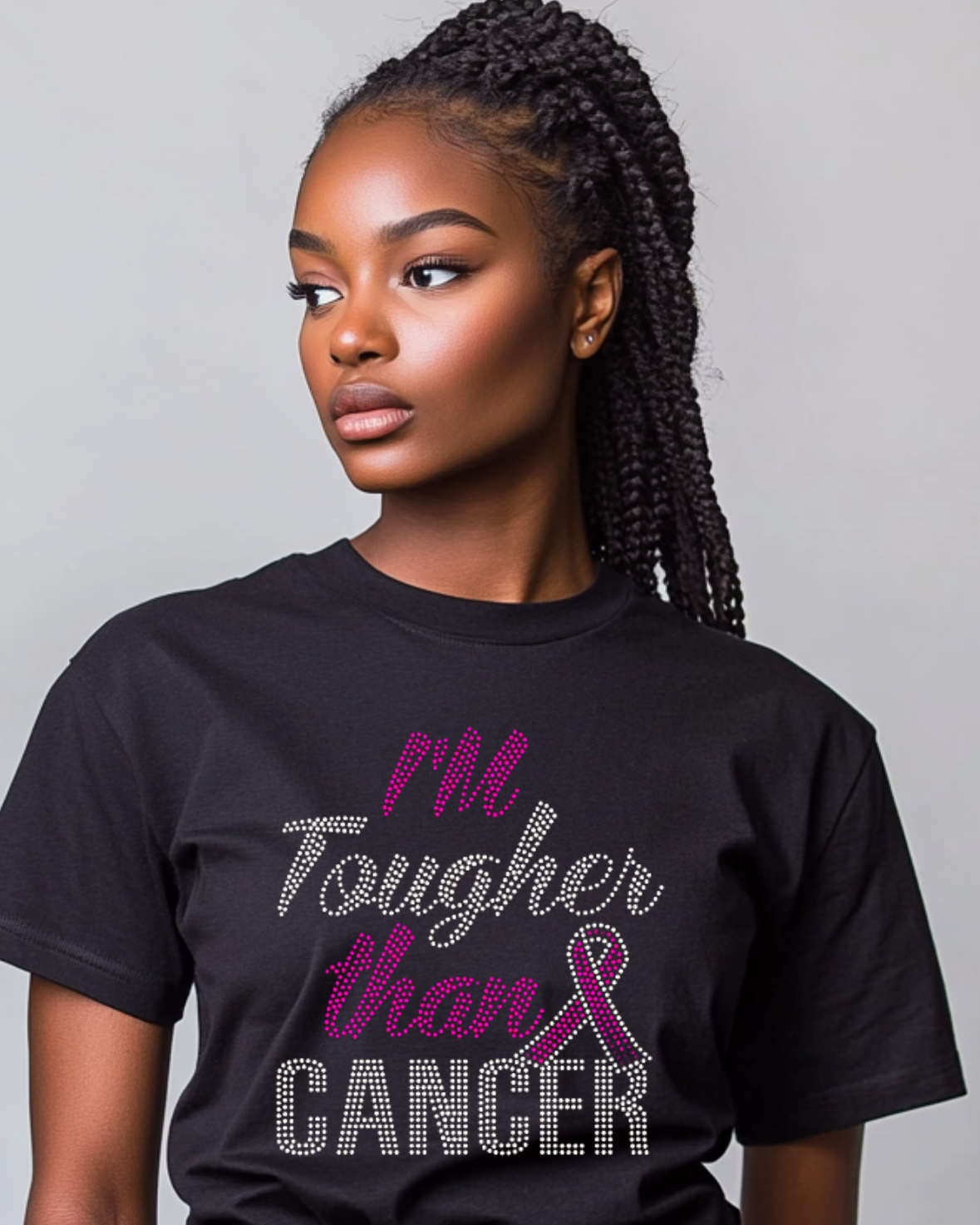 I'm Tougher Than Cancer Rhinestone T-Shirt with Pink Ribbon