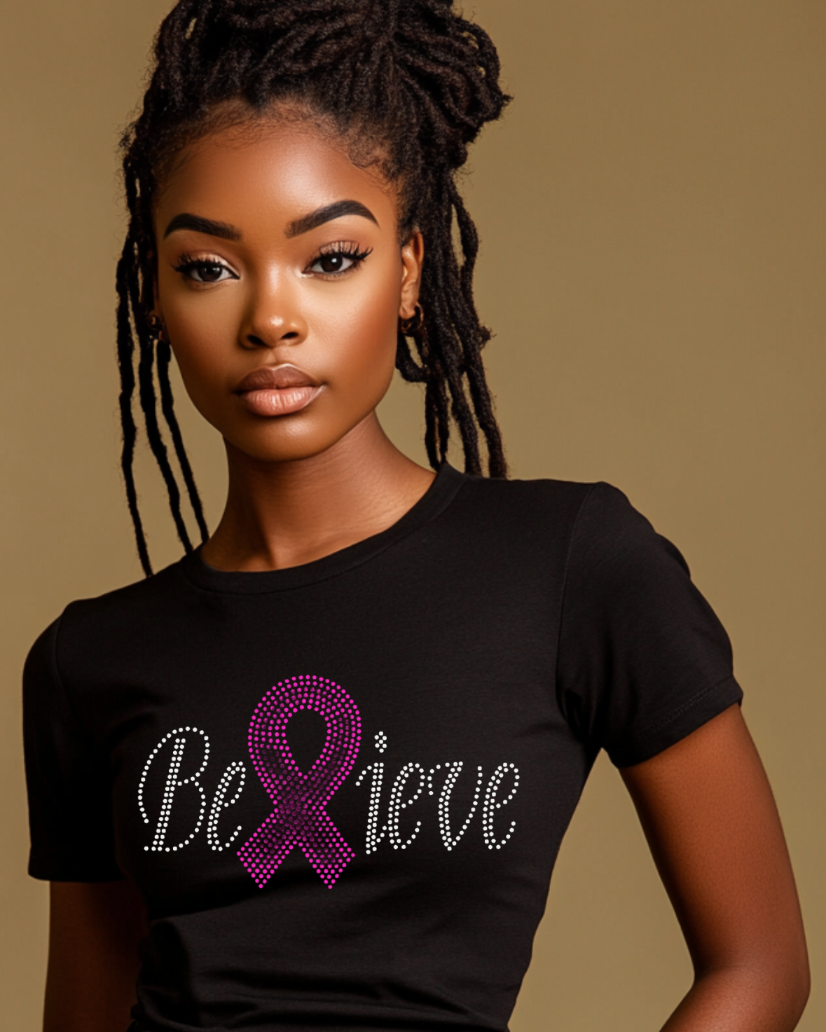 Believe Rhinestone Breast Cancer Awareness T-Shirt